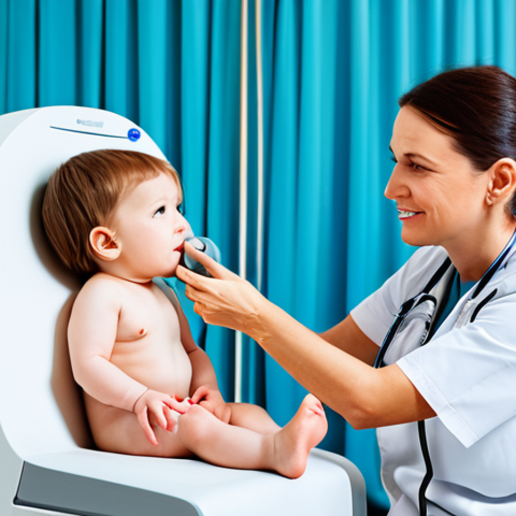 소아 난청 초기 증상과 검사 방법 - Child Hearing Checkup**
A toddler getting a hearing test by a doctor in a brightly lit clinic, feat...