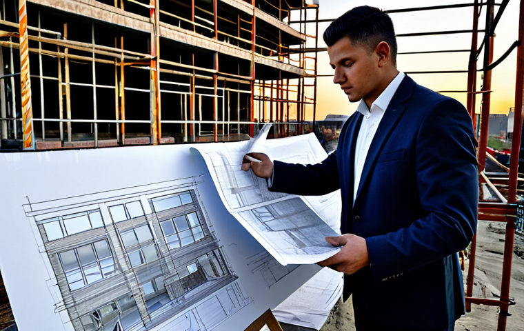 중이염 예방을 위한 습관 - **

A professional architect, fully clothed in a modest blazer and slacks, reviewing blueprints on a...