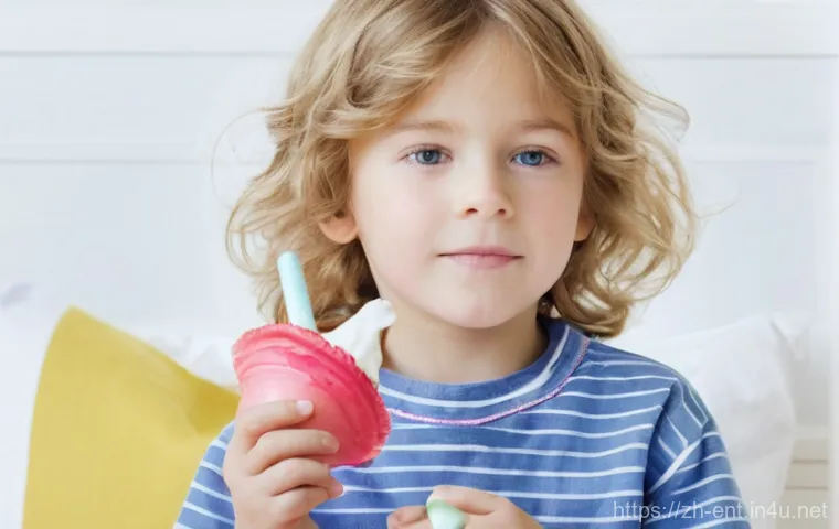 편도 절제술 후 생활 관리법 - **Prompt: Comforting Cold Treat for a Child's Sore Throat**
    "A heartwarming, close-up portrait o...