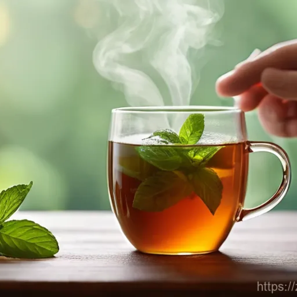 알레르기 비염에 좋은 차와 음식 - **Prompt:** A cozy, inviting close-up of a steaming mug of herbal tea, perhaps with fresh mint leave...