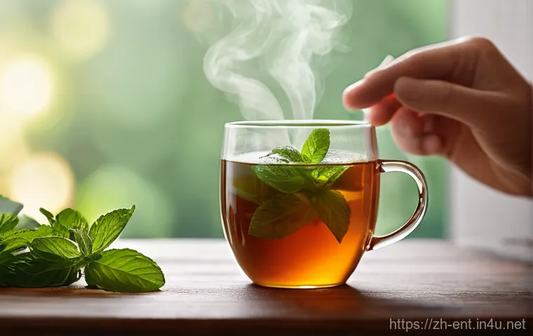 알레르기 비염에 좋은 차와 음식 - **Prompt:** A cozy, inviting close-up of a steaming mug of herbal tea, perhaps with fresh mint leave...