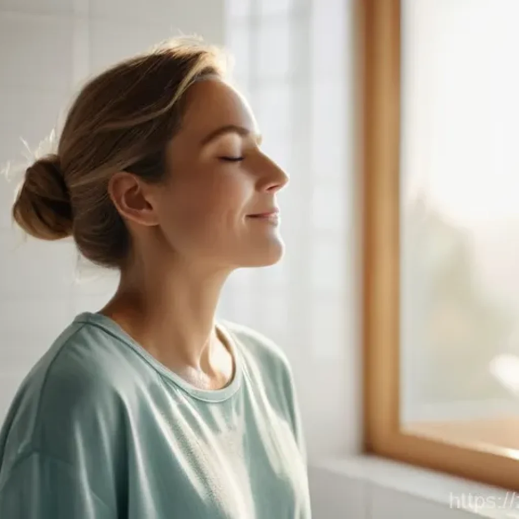 코 세척 솔루션 추천과 사용법 - **Prompt:** A serene adult woman, mid-30s, stands in a brightly lit, modern bathroom, eyes gently cl...