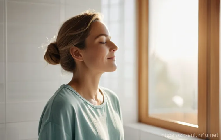 코 세척 솔루션 추천과 사용법 - **Prompt:** A serene adult woman, mid-30s, stands in a brightly lit, modern bathroom, eyes gently cl...