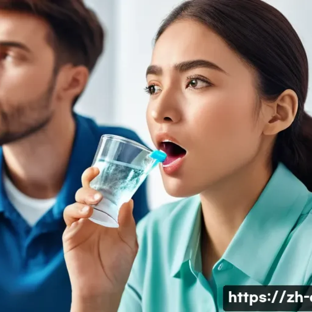 편도선염 증상 완화를 위한 가글 추천 - In one corner, they are seen gently rinsing their mouth with a mild, non-alcoholic mouthwash, lookin...