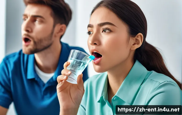 편도선염 증상 완화를 위한 가글 추천 - In one corner, they are seen gently rinsing their mouth with a mild, non-alcoholic mouthwash, lookin...
