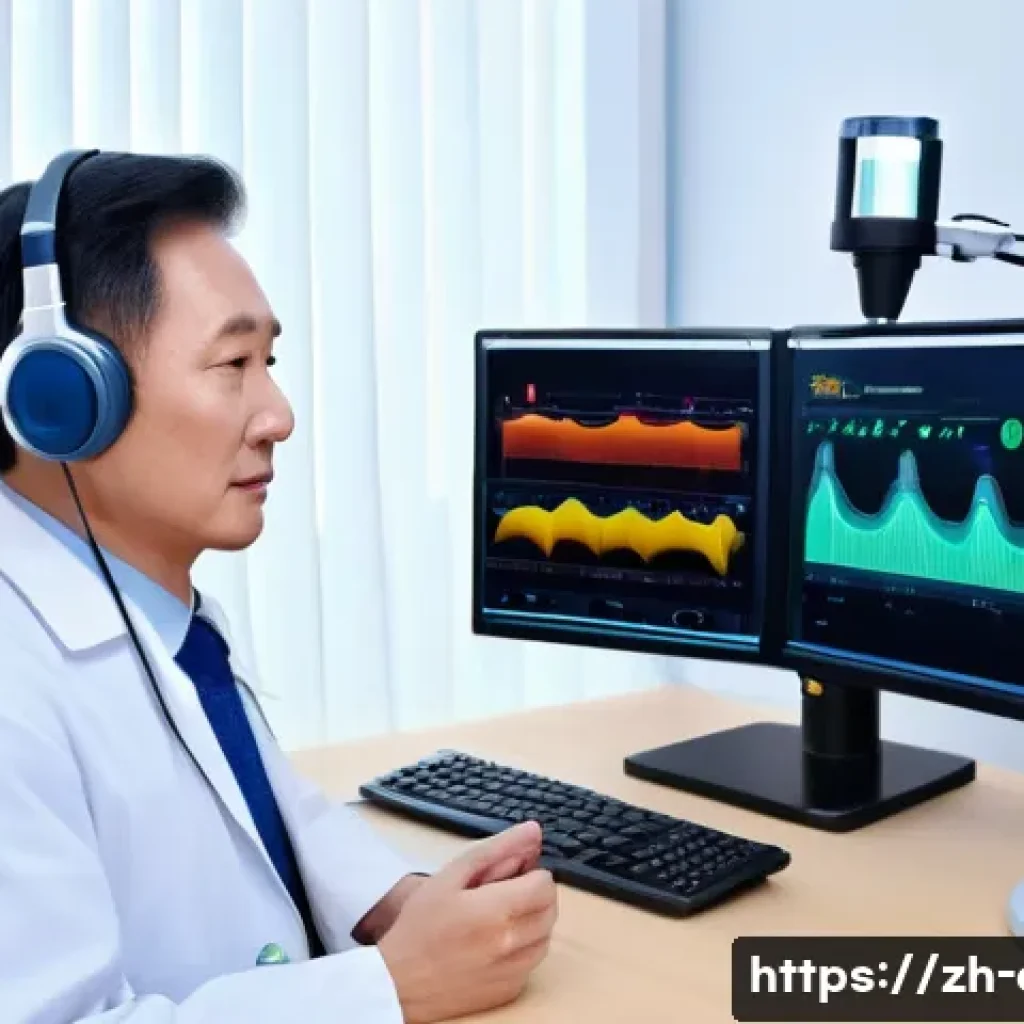 소음성 난청 치료와 재활 방법 - A detailed medical clinic scene showing a middle-aged Chinese man undergoing a professional hearing ...