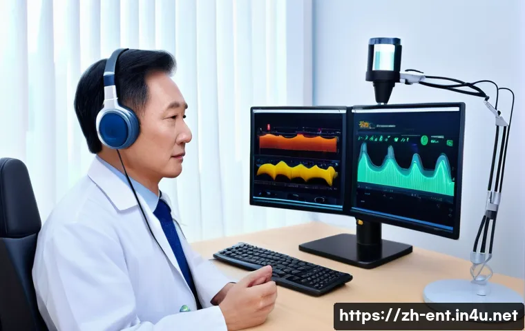 소음성 난청 치료와 재활 방법 - A detailed medical clinic scene showing a middle-aged Chinese man undergoing a professional hearing ...