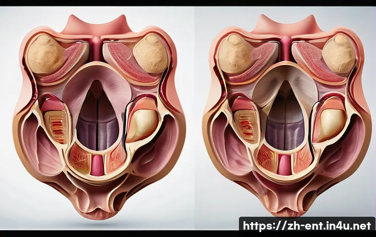 성대 결절과 폴립의 차이점 - A detailed medical illustration of human vocal cords showing bilateral symmetrical nodules typical o...