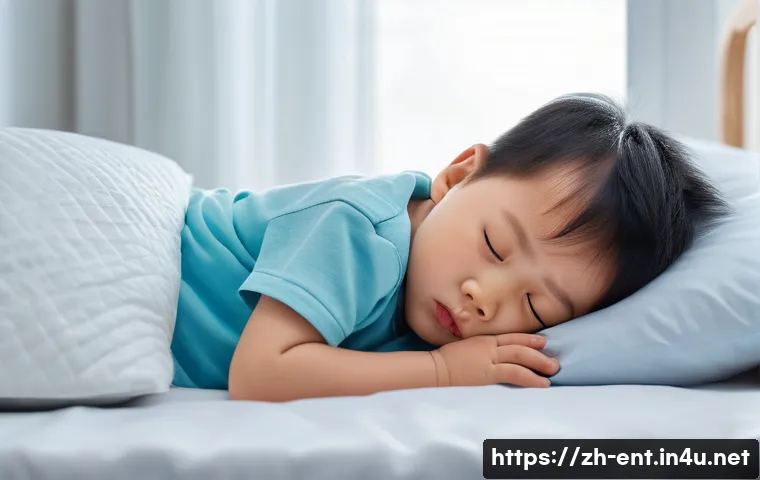 아데노이드 비대 진단과 치료 병원 - A detailed, realistic illustration of a young Chinese child wearing a clean diaper, sleeping with mo...