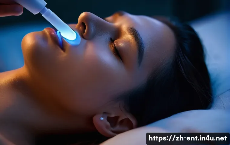 코골이 방지용 기구 종류 비교 - A detailed close-up of a person wearing a soft silicone nasal dilator inside their nostrils, designe...