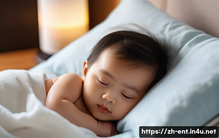 어린이 비염 진단과 약물 사용법 - A caring parent gently observing a young child sleeping peacefully in bed, focusing on the child's s...