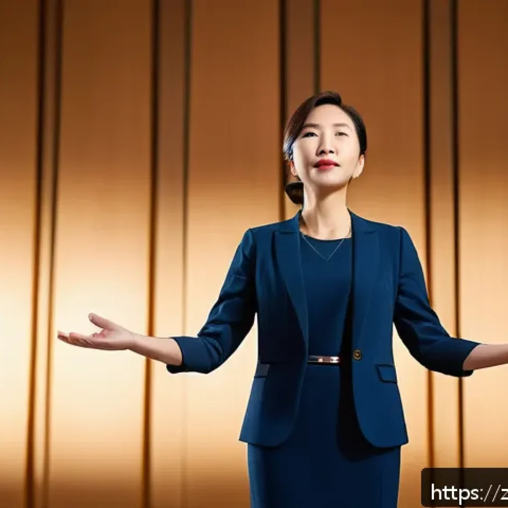 성대 이상 예방을 위한 목 관리법 - A professional female speaker standing confidently on stage with perfect posture—straight back, rela...