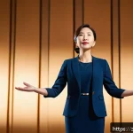 성대 이상 예방을 위한 목 관리법 - A professional female speaker standing confidently on stage with perfect posture&mdash;straight back, rela...