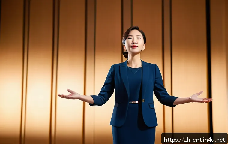 성대 이상 예방을 위한 목 관리법 - A professional female speaker standing confidently on stage with perfect posture&mdash;straight back, rela...