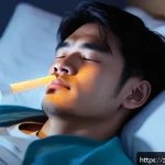 만성 비염 증상과 수술 여부 - A detailed medical illustration of a young adult man suffering from chronic rhinitis, depicted with ...