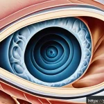 어지럼증과 이석증의 차이 - A detailed medical illustration of the human inner ear focusing on the semicircular canals and otoli...