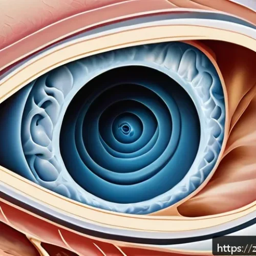 어지럼증과 이석증의 차이 - A detailed medical illustration of the human inner ear focusing on the semicircular canals and otoli...