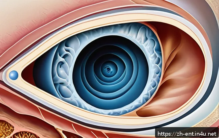 어지럼증과 이석증의 차이 - A detailed medical illustration of the human inner ear focusing on the semicircular canals and otoli...