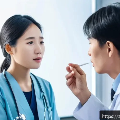 편도선염 약물 치료와 수술 비교 - A modern medical clinic scene featuring a doctor consulting a young Chinese adult patient about tons...