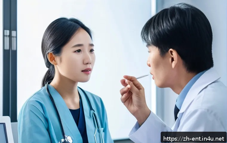 편도선염 약물 치료와 수술 비교 - A modern medical clinic scene featuring a doctor consulting a young Chinese adult patient about tons...