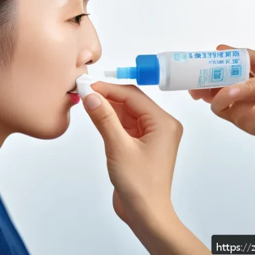 비염 스프레이 사용 주의사항 - A detailed medical illustration showing a person properly using a nasal spray: the individual is gen...