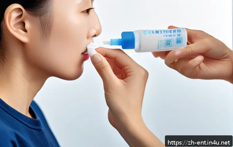 비염 스프레이 사용 주의사항 - A detailed medical illustration showing a person properly using a nasal spray: the individual is gen...